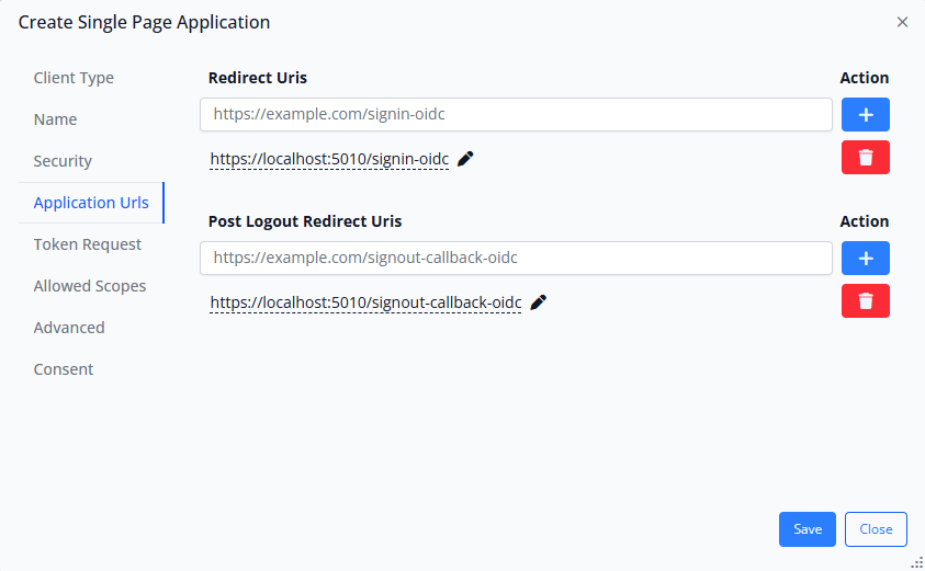Application URLs configuration showing Redirect URIs and Post Logout Redirect URIs with example localhost entries