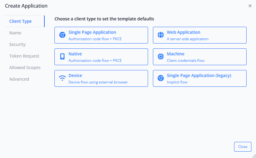 Client Type Selection Screen showing options for Single Page Application, Web Application, Native, Machine, Device, and Single Page Application (legacy)