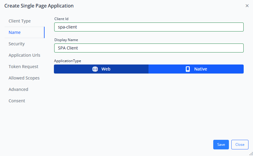 Client Name Configuration showing Client ID, Display Name, and Application Type fields
