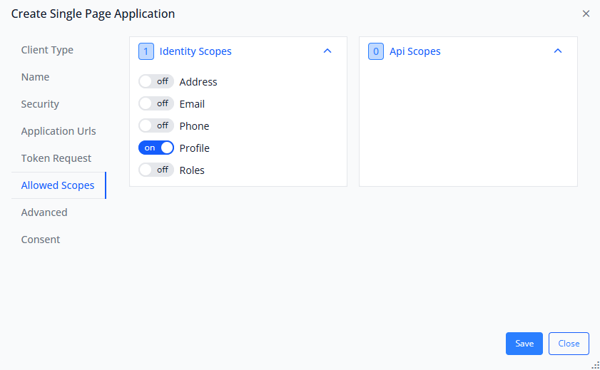 Allowed Scopes configuration showing Identity Scopes and API Scopes sections with Profile scope enabled