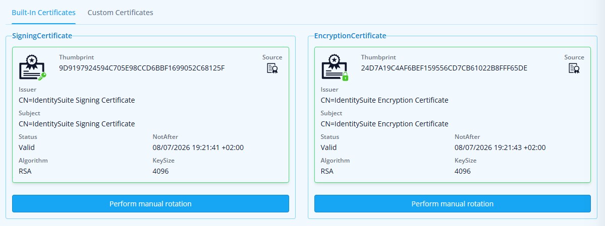 IdentitySuite certificate configuration screen