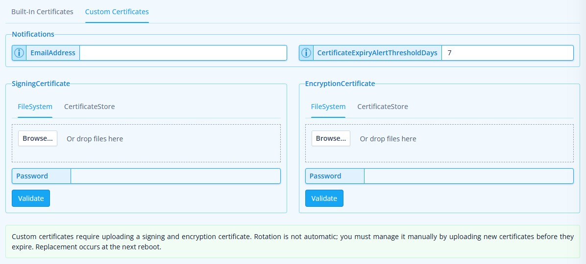 IdentitySuite certificate configuration screen