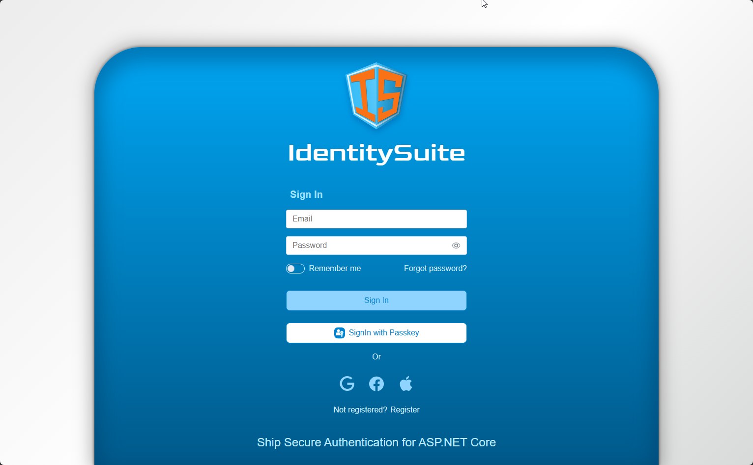 Full-screen centered sign-in, blue theme