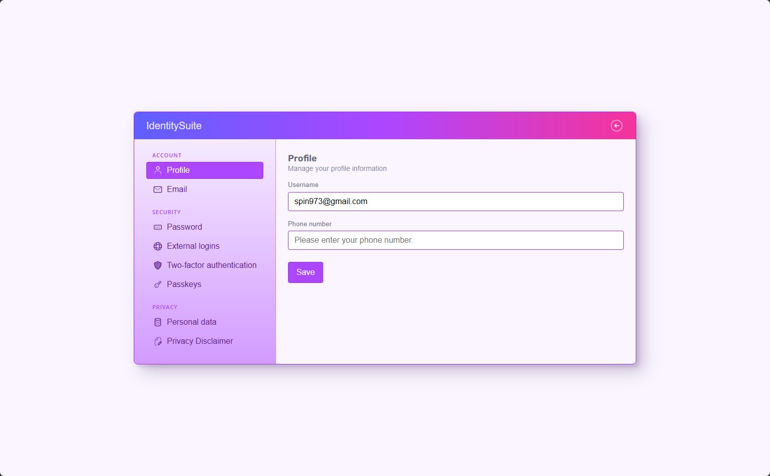 Account profile page with sidebar navigation