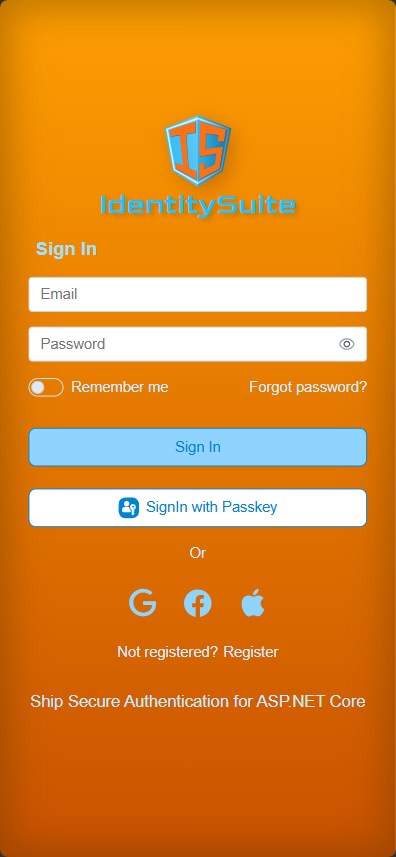 Centered sign-in card with logo header, orange theme