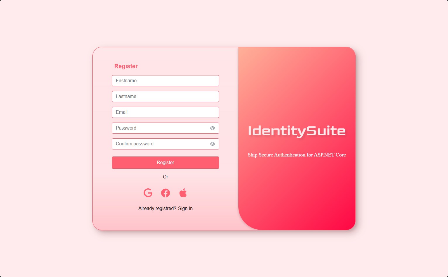 Split layout register, brand panel on the right
