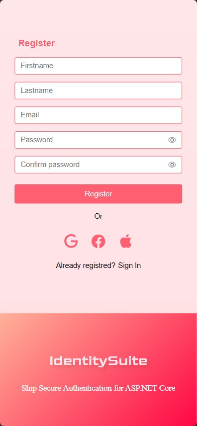 Split layout register stacked, brand panel below