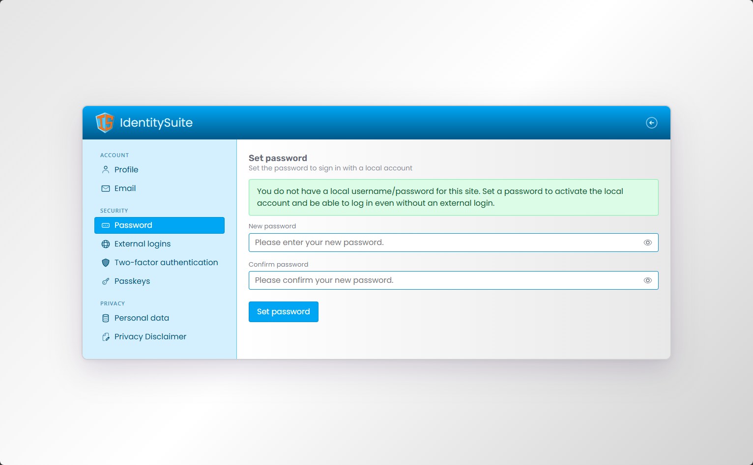 Set password page with sidebar navigation