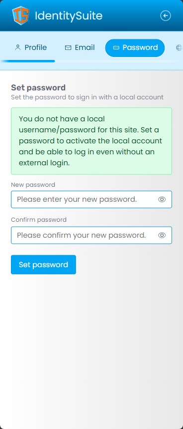 Set password page with tab navigation