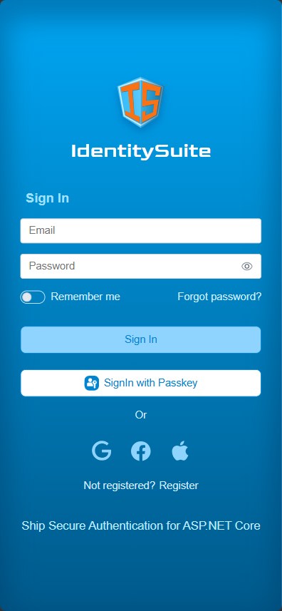 Full-screen centered sign-in, blue theme