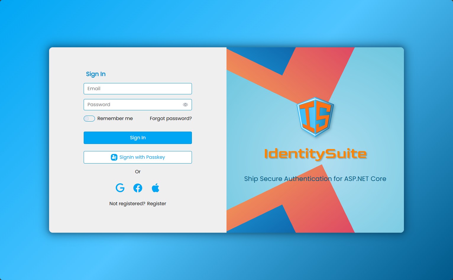 Split layout sign-in, brand panel on the right
