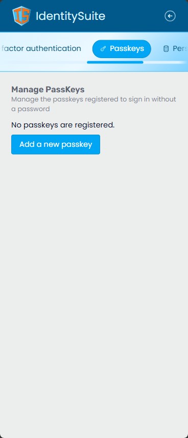Passkeys management page with tab navigation