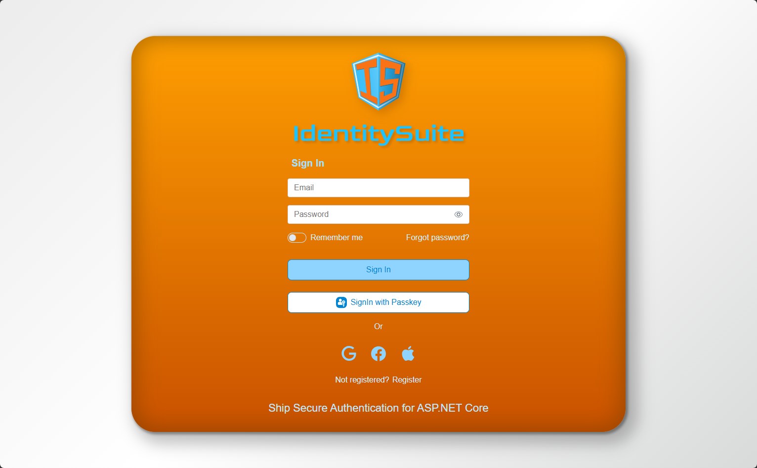 Centered sign-in card with logo header, orange theme