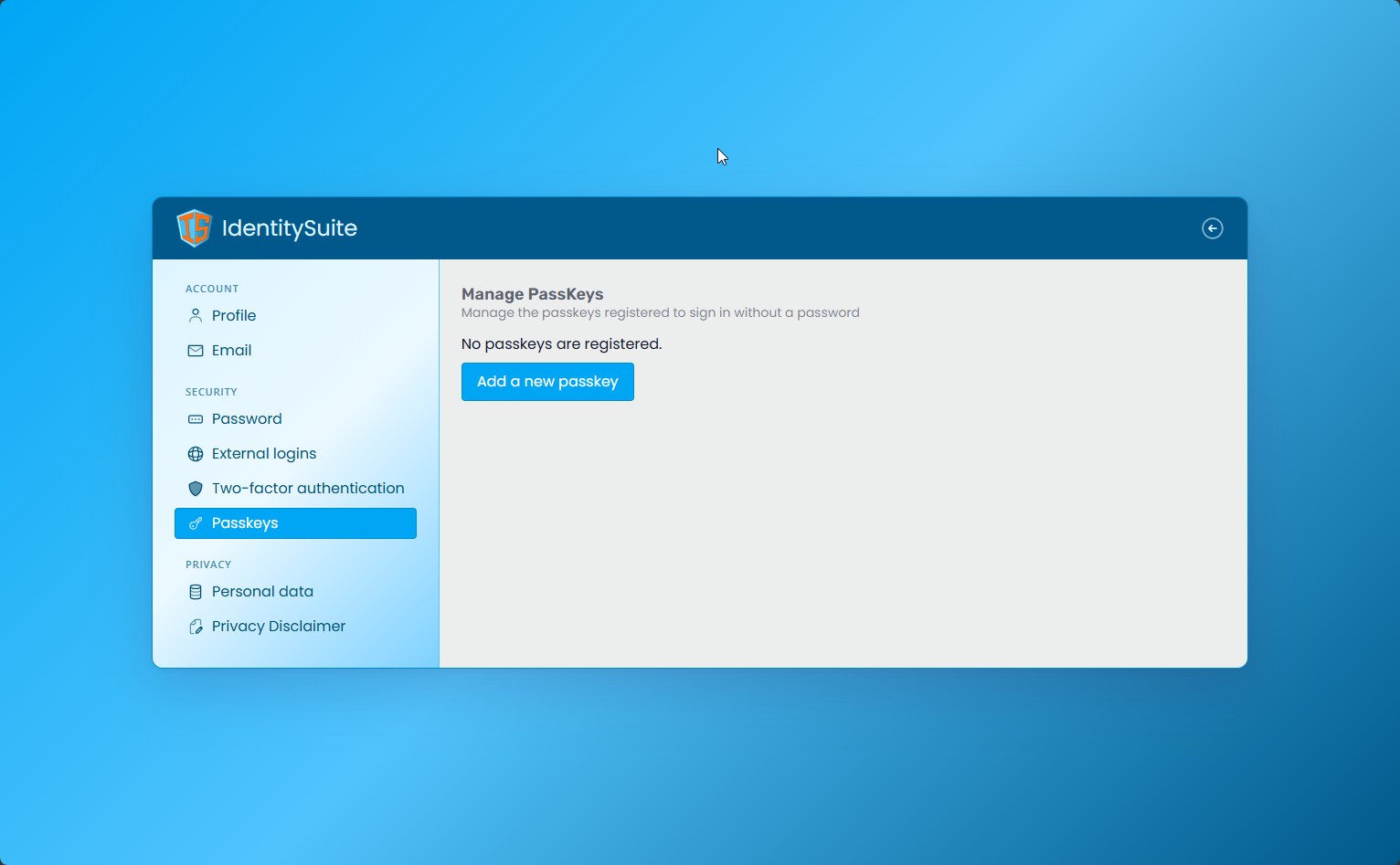 Passkeys management page with sidebar navigation