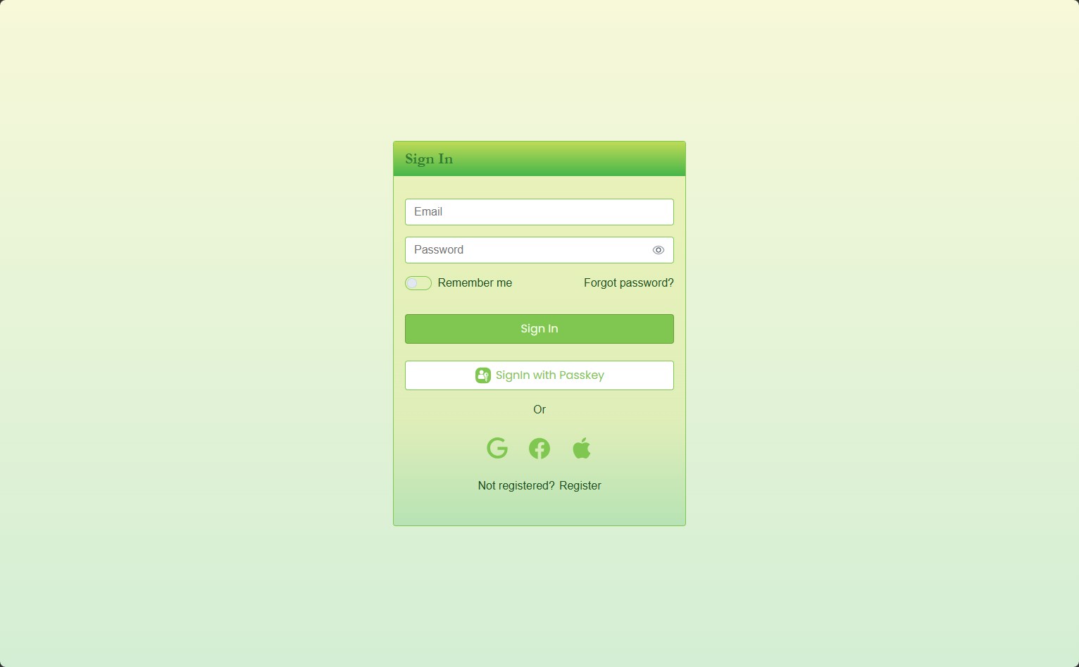 Centered sign-in card, lime theme