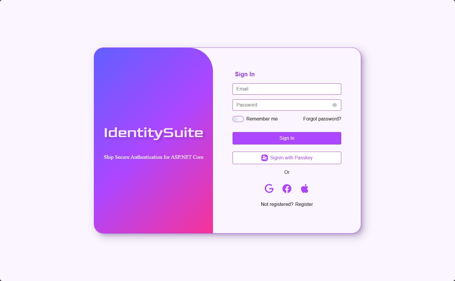 Split layout sign-in, brand panel on the left
